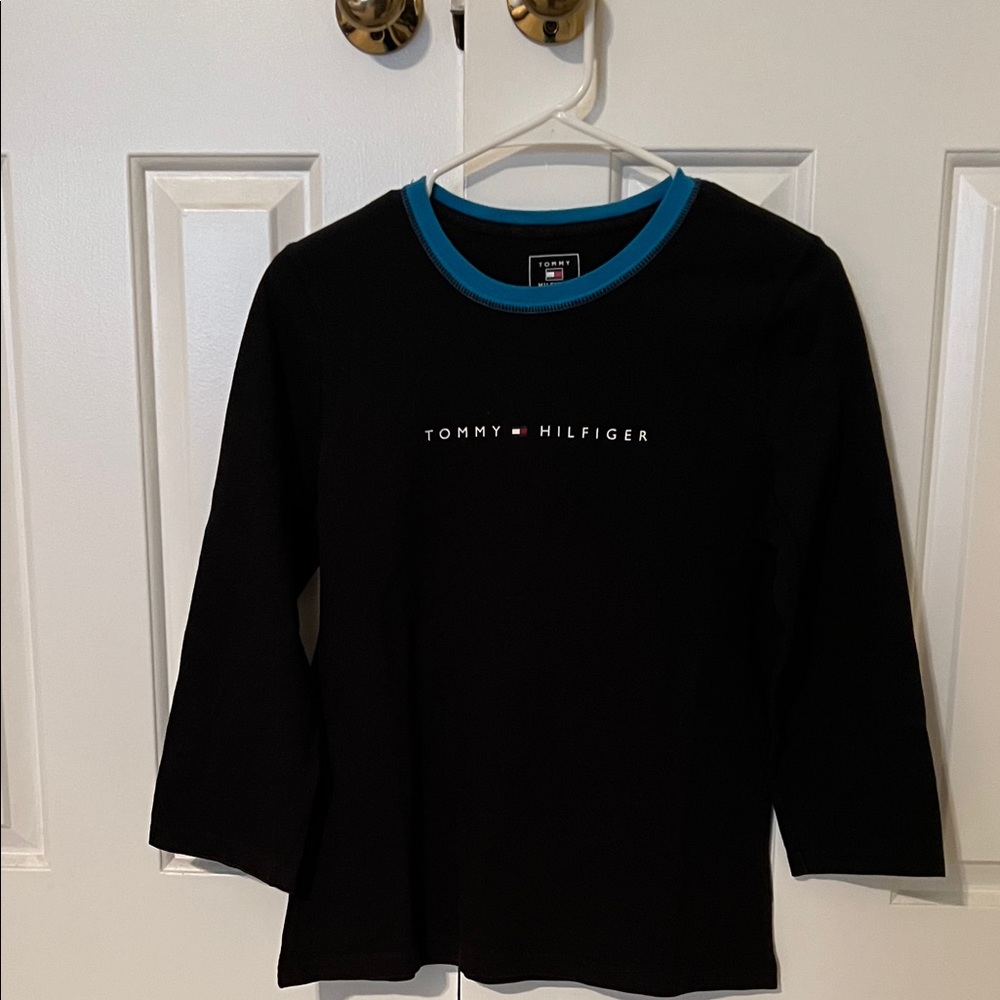 Tommy Hilfiger Black Long Sleeve Tee with Blue Neck Trim